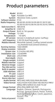 9.3In Car Portable Wireless For Apple CarPlay Mirror Link For Android/iOS Phone