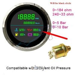 Black Circle+Black 6in1 Tacho Fuel Gauge Water Temp Oil Pressure Voltmeter 85mm