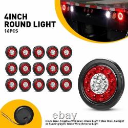 Round Rear LED White Red Tail Stop Brake Turn Signal Lamp Trailer Truck Van 16x